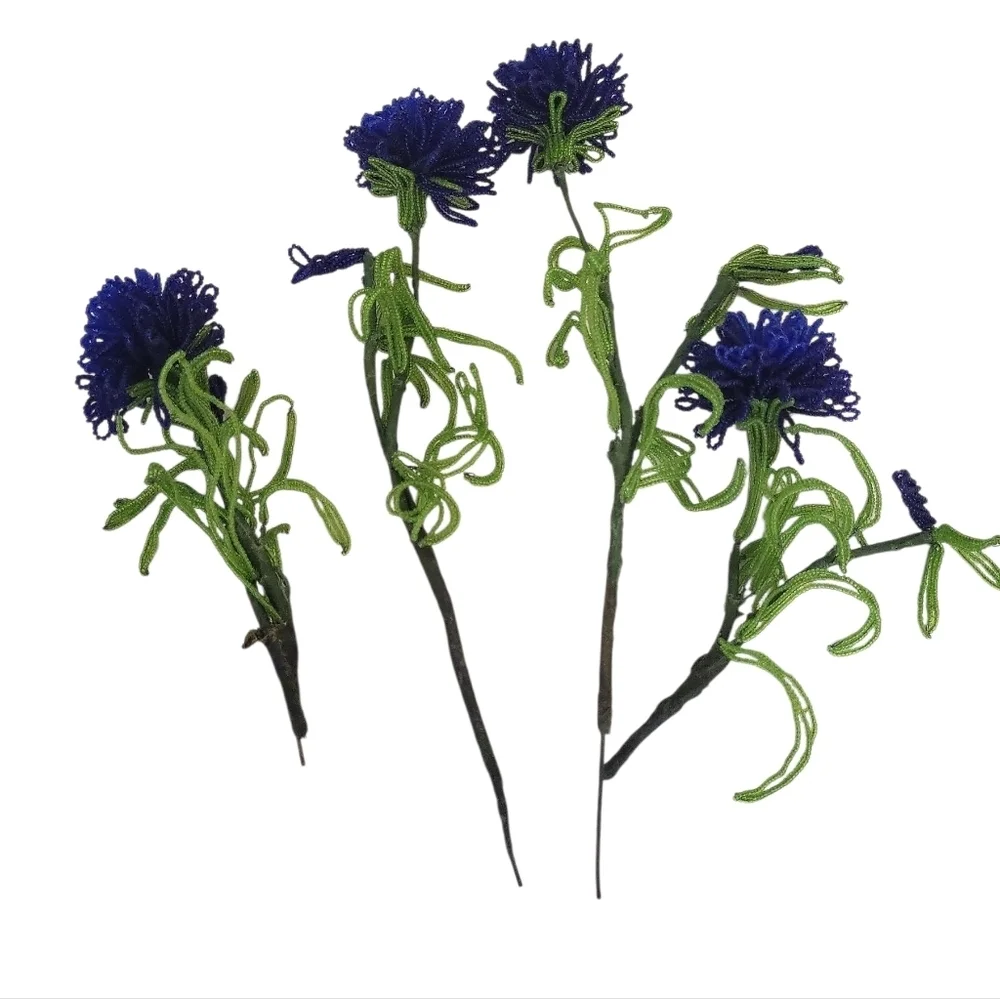 Handcrafted Wire & Bead Cobalt Cornflower Blooms – Botanical Art Stems Set